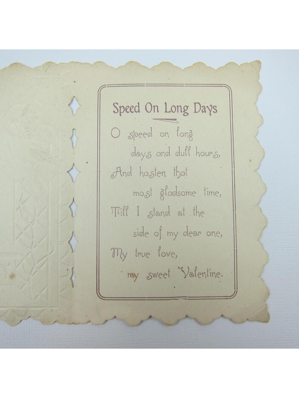 Valentine Card Girl Green Dress Holds Red Poppy Flowers Gold Pink Roses Antique - Picture 9 of 12